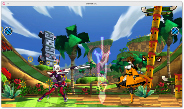 A side view of a fight in progress (the downed fighter is me :)) featuring 2 karatekas on a blue background, very nicely rendered. Player status is displayed at the top of the UI.

IKEMEN Go is a libre, multi-platform, single-player / multi-player (LAN or hotseat, up to 8 players) fighting game and a remake of IKEMEN (a libre fighting game engine for Windows supporting M.U.G.E.N. resources) in Google's "Go" programming language. IKEMEN Go only comes with a single (but quality) indoor battle, but is compatible with the huge M.U.G.E.N. resource. It features solo/multi (hotseat or LAN) and several game modes. The game is already very good, but the external content is ... FANTASTIC!
