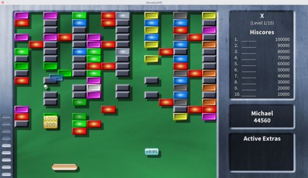 A view of its UI with the breakout game on the left and the scoreboard on the right.

LBreakoutHD is a scaleable 16:9 remake of LBreakout2, a libre & multi-platform, single-player / multi-player (2 in LAN or 4 in hotseat) breakout game. The player controls the lateral movement of a racket, with the aim of preventing the ball from reaching the bottom of the screen and of making the highest score by eliminating the maximum amount of bricks. It uses the levels of LBreakout2 in different graphic resolutions.