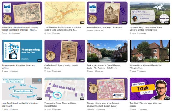 Screen grab showing 12 videos on the Society of Genealogists' YouTube.