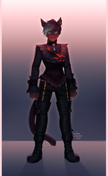 Miqo'te from FFXIV in tight black clothes and thigh high boots. Her short hair has green highlights. She's basically stanced up and ready to throw hands, eyes wild and blood splattered on her face and chest.