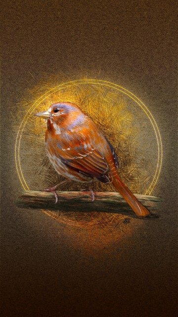 Illustrated phone wallpaper of a Fox Sparrow bird, perched on a branch facing left. Behind the bird is a brown paper texture with a dark orange gradient at the top and an even darker orange-brown gradient at the bottom. Surrounding the bird is bright orange  crosshatching and a double halo of gold light.