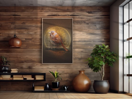 Product mockup pic of an Illustrated bird print in a large frame, hanging on a wood wall in a medication room. Light spills in from a window on the right. Overall impression: natural elegance.