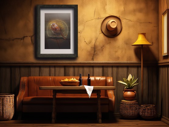 Product mockup pic of an illustrated bird print hanging on a cracked stucco plaster wall in a large wooden frame. Below the frame is wood-paneled wainscoting and an orange leather couch. A table with nachos and beers are in front of the couch. Overall impression: Relaxed cowboy.