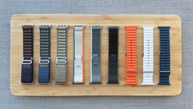 All nine Apple Watch Ultra bands release in Fall 2023; from let to right:
• Indigo Alpine Loop
• Blue Alpine Loop
• Olive Alpine Loop
• Orange/Beige Trail Loop
• Green/Gray Trail Loop
• Blue/Black Trail Loop
• Orange Ocean Band
• White Ocean Band
• Blue Ocean Band