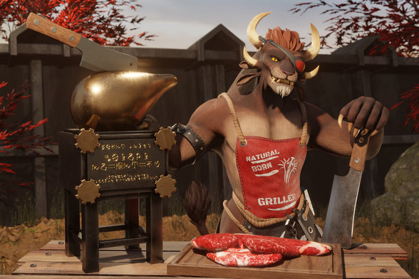 3D render of a male charr with a red eye patch, wearing a red apron with the text “Natural Born Griller”. He’s standing behind a table outside a village, grinning at the viewer, left hand resting on a meat cleaver, right hand resting on an oversized cooking trophy, a few chunks of raw meat in front of him. The cooking trophy is a golden meat drumstick with a meat cleaver embedded in it, resting on a black steel pedestal decorated with golden gears and letters in New Krytan script.