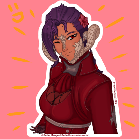 A sticker design of a female Au Ra in a red outfit, smiling at the viewer, it has a white outline, with "FFXIV Fanfest 2023" and "@Berin_Mango @Berin@mastodon.social" written inside. The design is surrounded by yellow action lines as if it was shining, with a hand-drawn smiley face next to it.