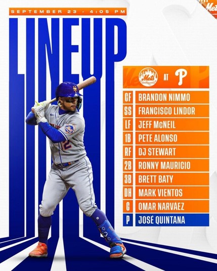 9/23 Starting Lineup - Mets @ Cheesesteakers