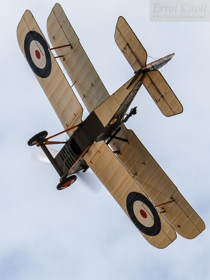 Biplane World War 1 scout aircraft from below and behind, banking hard to the right. Wing undersides are buff and the sky is grey.