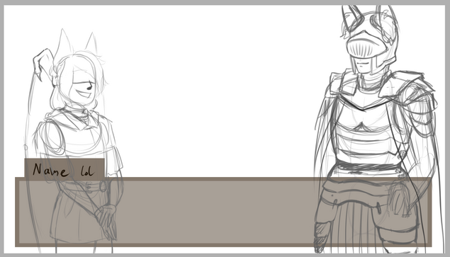 A rough sketch for characters in a video game dialogue scene. One is a young man with bat wings and a blindfold while the other has cat ears and full plate armour.