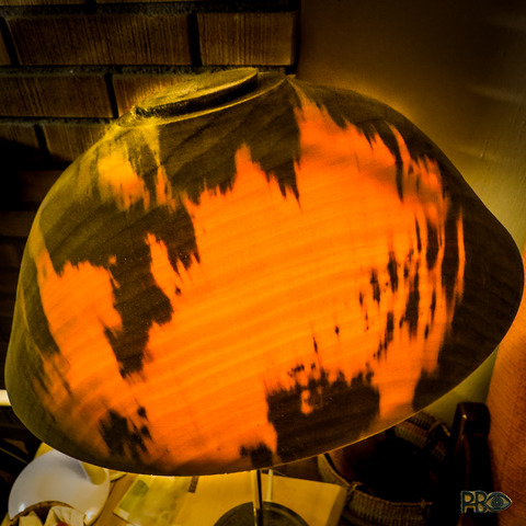 A freshly turned wooden bowl is placed over a light bulb on a table lamp without its usual shade. The bowl is thinly turned from a wet blank of birch. Dark and light parts shows well as the light from the lamp shines through the light parts with a golden glow, almost transparent