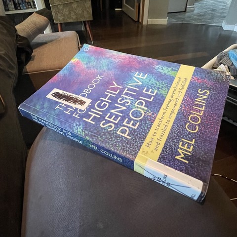 Paperback book sits skewed on the armrest of a grey-blue couch. The book is “The Handbook for Highly Sensitive People” by Mel Collins. There is a library code stuck to the cover which has been scribbled over with a permanent marker.