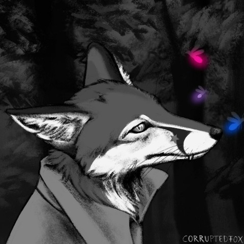 A headshot of a fox wearing a cape. He is standing in a dark forest. Around his muzzle are flying fireflies in the bisexual colours. Drawn digitally.