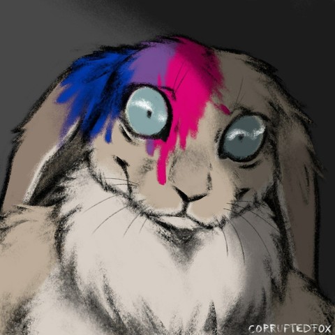 A headshot of a bunny with hanging ears looking at the viewer. Her face is splattered with the bisexual colours. Digitally drawn.