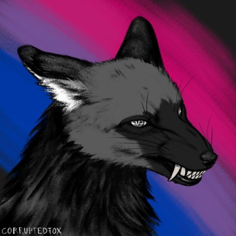 Headshot of a silver vixen baring her fangs whilst looking at the viewer. The background is coloured with the bisexual colours. Digitally drawn.