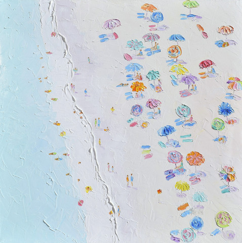 An abstract aerial beach painting with colourful umbrellas and people sunbathing on a summer's day. The ocean is a pale blue and there are lots of people swimming and some in kayaks.
