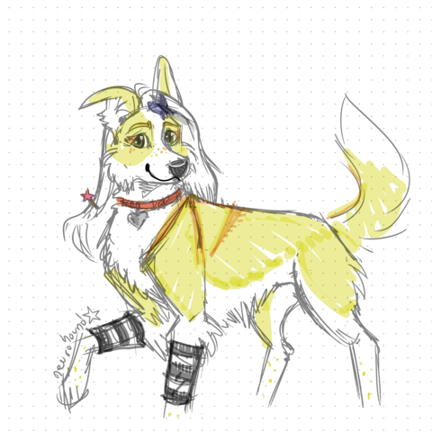 A doodly digital drawing of a cartoony feminine blonde border collie with long white hair. She's standing with one front paw lifted up, her head is turned towards the camera, her tail is up in the air. Her expression is joyful and friendly. She's wearing a blue butterfly barrette, an orange star barrette, an orange collar with a silver heart-shaped tag, and two black-and-white striped legwarmers. The background is dotted, like the page of a dotted notebook.