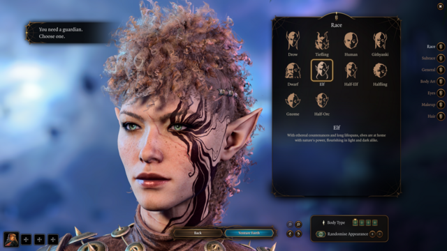 An elf with a curly dark blonde mohawk and a huge facial tattoo on her left side that looks like dark energy spreading from her eye.