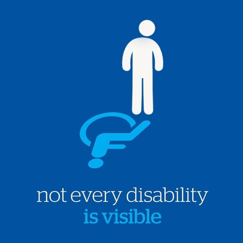 Image is a meme on an all blue background showing white a pictogram of a person standing.  Below the person's feet is a pictogram of a wheelchair user upside down that appears to be the reflection of the standing pictogram person.  The caption reads, "not every disability is visible".