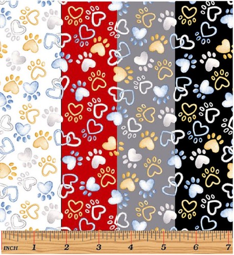 Fabric with heart-shaped dog paws and intertwined hearts in silver and gold on various background colors, including white, red, grey and black