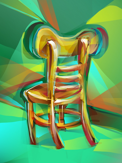 Cubist chromatic drawing of a chair, vector-style.
