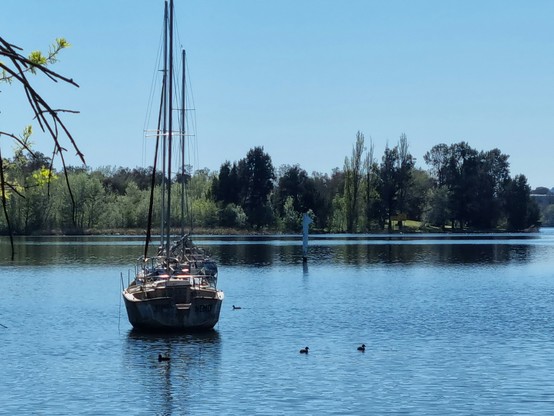 View of lake from the shore with sailing boat, moored in the water, in the foreground.