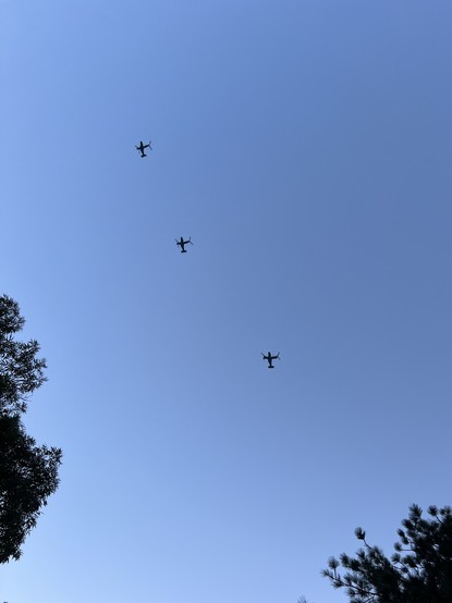 3 V22 Osprey tilt-rotor aircraft flying overhead