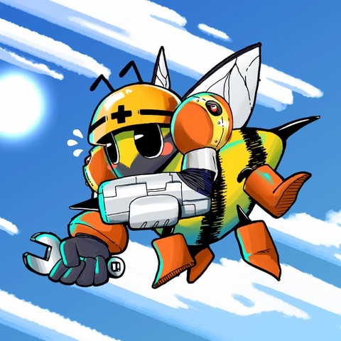an anthro bee character with cartoonish proportions wearing construction gear. They have a hard hat, a wrench in one hand, and their other arm looks like a Metroid blaster. The background is a blue sky with clouds on an angle, to make the character look like they're moving fast.