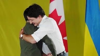 Prime Minister Justin Trudeau, right, embraces Ukrainian President Volodymyr Zelenskyy as he is introduced during a rally at the Fort York Armoury in Toronto on Friday, Sept. 22, 2023. (Chris Young/The Canadian Press via AP)
The Associated Press