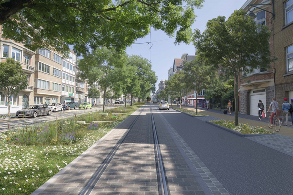 Rendering of a redesigned Park Avenue in Brussels, with extra trees and a cycle lane.