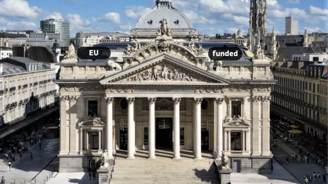 A photograph with an aerial view of the Brussels stock exchange, known as la Bourse.
