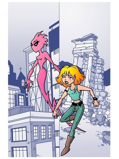 Young woman with medium length blonde hair wearing a green tank top, green jeans and brown boots is running from right to left.

To her right is a bright pink figure that is an amalgamation of a young woman and a lightning bolt. 

Behind them are blue and white images of a modern cityscape and a ruined temple.