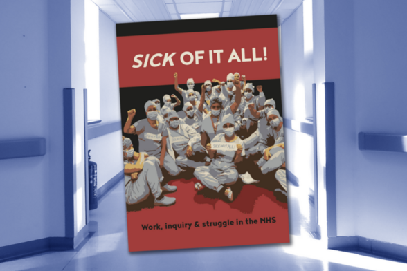 A graphic in which the book's front cover, which pictures healthcare workers in masks with fists in the air, is imposed onto a hospital corridor.