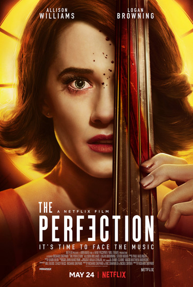 Poster for the film THE PERFECTION with a portrait of a woman whose face is partially hidden by a cello.