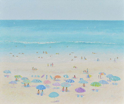 An impressionist beach painting with colourful umbrellas, crowds of people relaxing, swimming and strolling on a clear summer's day. Painted in soft pastel tones to suit coastal decor.