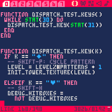 A screenshot of the Pico8 editor showing Lua functions that read key presses and runs testing routines.