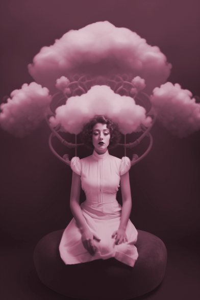 Surrealistic monochromatic syntetic media depicting a woman in a bright dress with short puffed sleeves and high neck, with short dark curly hair, heavy eyelids and dark lipstick. She has no legs and sits upright on a pouf with symmetrical pipes and clouds as backrest. Poster design for Dirk Schmeding’s staging of Jacques Offenbach’s opera Les contes d’Hoffmann at the Staatstheater Darmstadt in 2023/2024. © Staatstheater Darmstadt