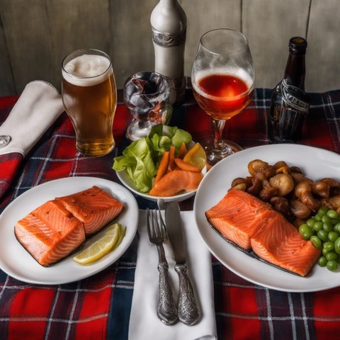 Scottish lunch art: Scottish salmon with mushrooms and beer, on tartan covered table