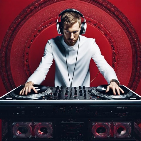 Scottish music art: Calvin Harris facing forward, in big white shirt, buttoned to collar, headphones, stands behind black DJ deck, leaning forward slightly with each hand on a turntable. Background of blood red and several concentric circle patterns.