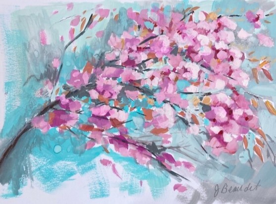 Bright coloured bit abstract painting of a thin branch with many leaves in various shades of pink, and some orange ones. The background of the painting is coloured bright light blue in the middle, and white and light grey around the edges.