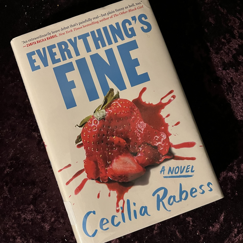 Everything’s Fine book jacket featuring a juicy, smashed strawberry.