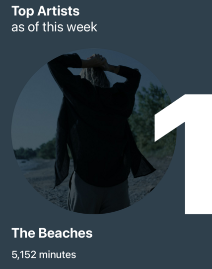 Screenshot from Apple Music Replay showing my number 1 listened to artist was The Beaches on 5,152 minutes.