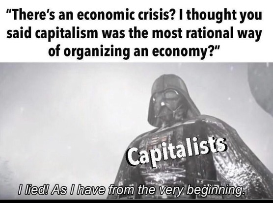 Meme : Star Wars Dark Vador.

Texte : there's an economic crisis ? I thought you capitalism was the most rational way of organizing society ?

Dark Vador (subtitled Capitalists) :
I lied. As i have from the very beginning