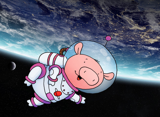 An astronaut pig walking in space above the earth