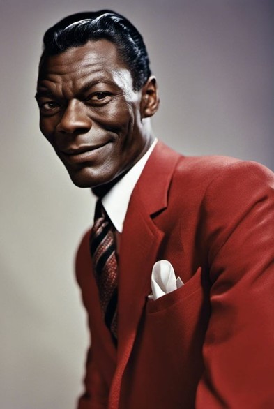 50s music art: Nat King Cole in red jacket, shades of grey background