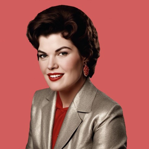 60s Music Art: Patsy Cline with gold jacket, red blouse, pale red background