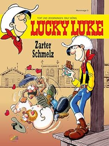 Das Cover von Lucky Luke: Zarter Schmelz.
Rechts lehnt Lucky Luke an einem Balken, während er eine angebissene Tafel Schokolade in der Hand hält.
Im Hintergrund prügeln sich zwei Cowboys, während Herzen um sie herum fliegen.