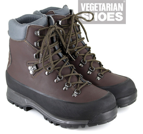 A photograph of hiking boots that are not made out of any animal parts. They look and feel like leather hiking boots. There are many comparably robust materials that shoes can be made from. However, the market is dominated by boots made from animal skin (leather) or synthetic boots that soon lose their waterproofness.