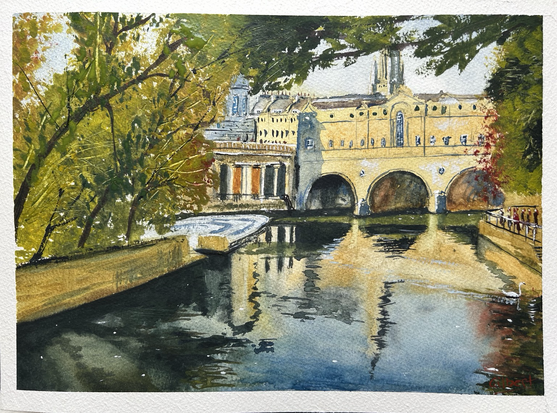 A painting of a bridge with three arches. The bridge has buildings on it and the bridge is reflected in the water below. There are also some autumnal looking trees
