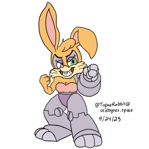 An anthromorphic cybernetic female rabbit in a fighting stance. @TopazRabbit@oldbytes.space and the date 9/24/2023 are written on it.
