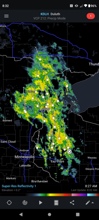 A view of the radar over the Northland around 8:30 a.m. on Sunday, September 24, 2023.  It shows a large line of showers and thunderstorms moving from south to north
